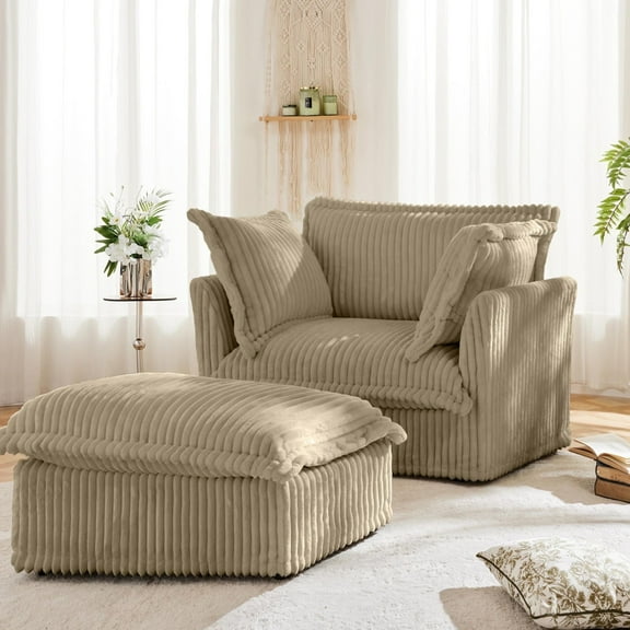 49" Oversized Accent Chair with Ottoman, Deep Lounge Corduroy Chair for Small Spaces, Removable Cover, Camel