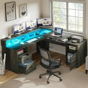 YITAHOME L Shaped Desk with Power Outlets & LED Lights, 60 Corner Computer Desk with Drawers & Lift Top, Home Office Desk