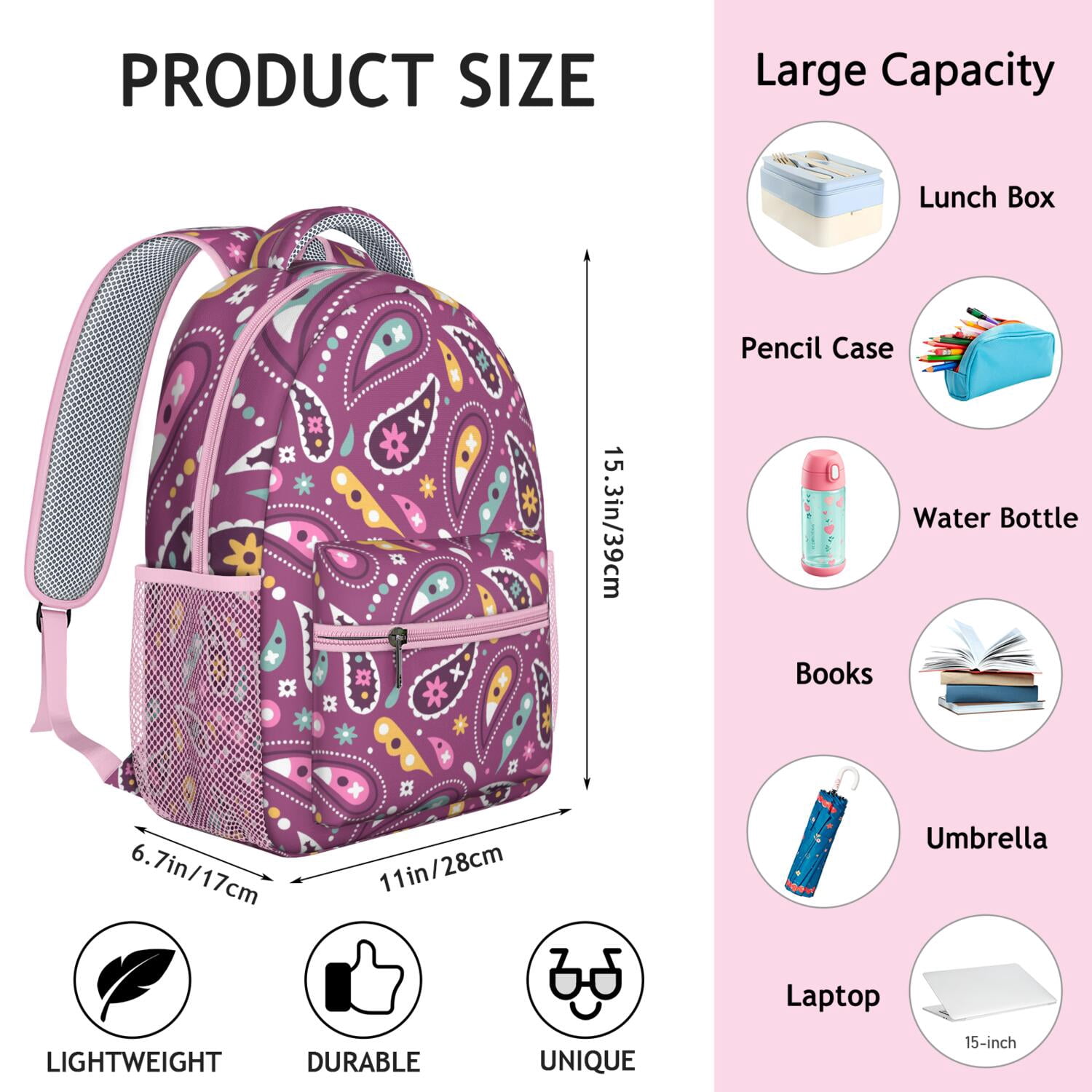Retro Paisley Floral Waterproof Backpack - Lightweight & Breathable School Bag for College Students