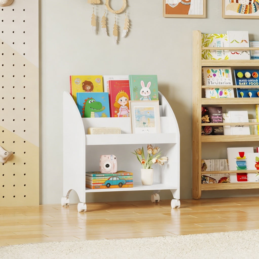 Kids Bookshelf with Wheels, 3-Tier Front-Facing Bookcase, Rolling Book Organizer with 360° Lockable Casters, MDF Storage Shelf for Nursery, Bedroom & Playroom