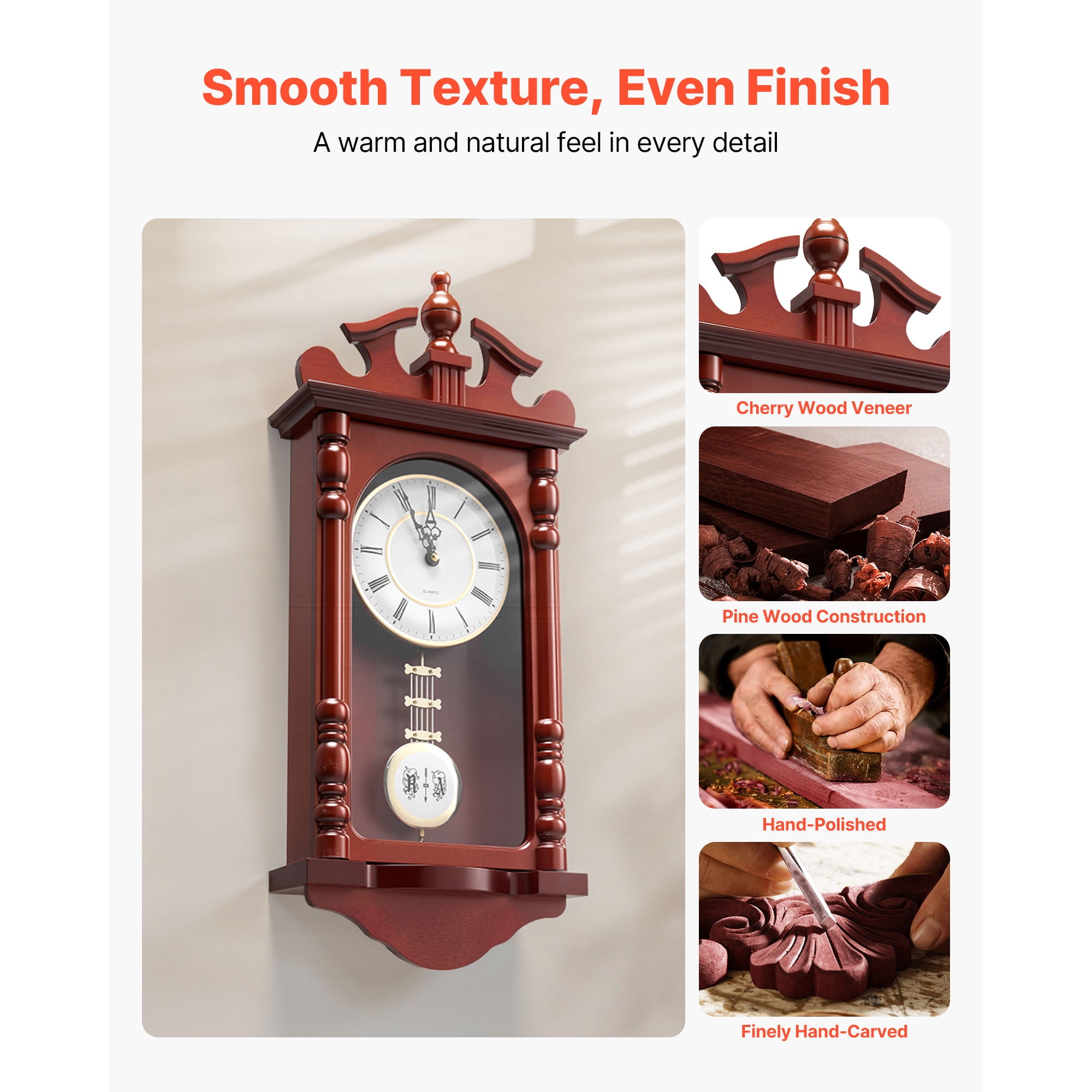 KFFKFF Classic Grandfather Clock, 23.2 in Vintage Pendulum Wall Clock, Pine Wood & MDF Construction with Quartz Mechanism and Silent Operation, Ideal for Living Room, Bedroom, Home Decoration & Gift