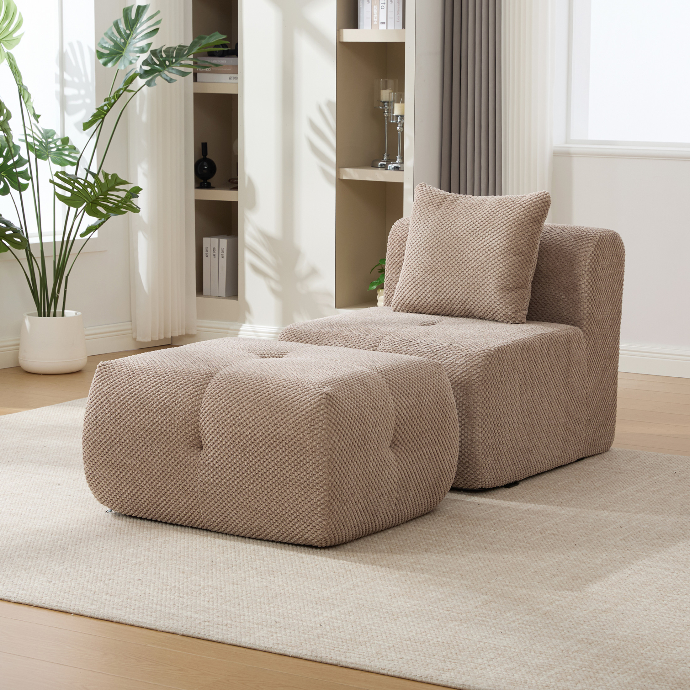 Noble House Kingston 31" Modular Cloud Accent Chair with Ottoman, Modern Fuzzy Sofa Soft Lounger with Footstool, Taupe