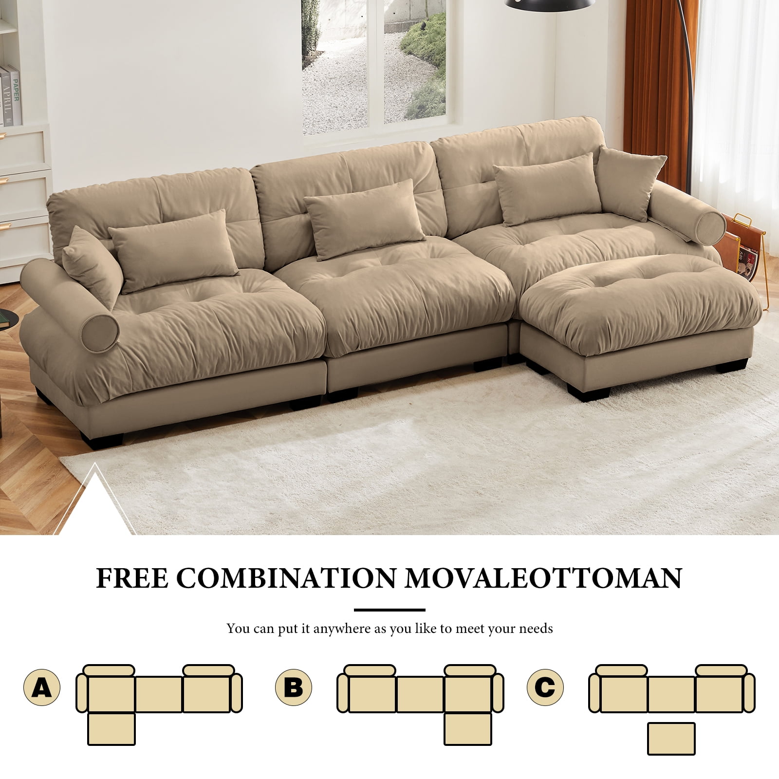 130"Oversized Couch, 3 Seater Modular Sectional Sofa, Camel Large L Shaped Sectional Couches for Living Room, Fluffy Couch Set, 3 Seater, Velvet Cloud Couch with Ottoman, Sofas for Living Room