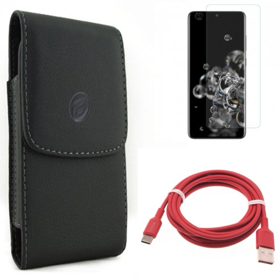 6ft USB-C Cable w Case Belt Clip w Screen Protector for Samsung Galaxy S20 Ultra - Red Charger Cord Power, Leather Holster Cover, Tempered Glass [Fingerprint Unlock] 3D Curved fits Galaxy S20 Ultra