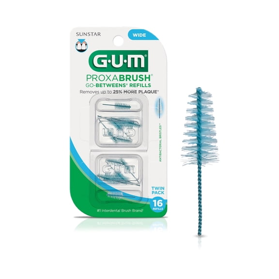 GUM Proxabrush Go-Betweens Refills TSF6 - Wide - Compatible with GUM Permanent Handle - Reusable Interdental Brushes - Soft Bristled Dental Picks, 16 Count