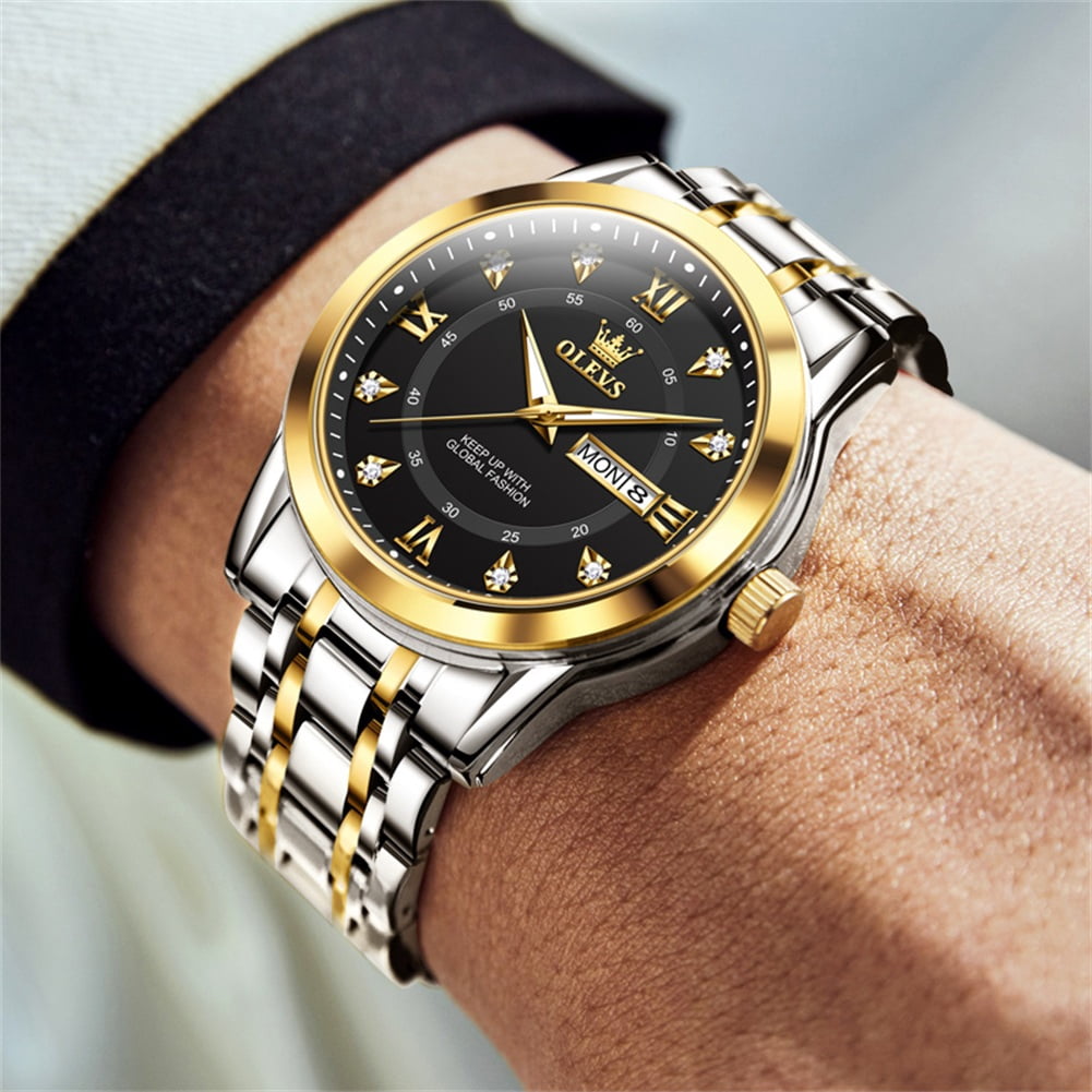 OLEVS Watches for Men Classic Business Dress Analog Quartz Stainless Steel Waterproof Luminous Date Diamond Mens Wrist Watches Relojes De Hombre,Gold/Blue/Black Dial