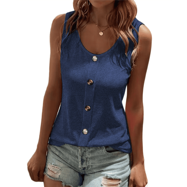 Camiseta Sin Mangas con Botones Delanteros para Mujer, Verano 2025, Informal, Holgada, con Cuello Redondo, Sin Mangas, Azul Oscuro, Talla XL