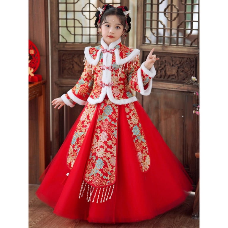 embroidered winter dress GiLiling Girls Hanfu 2 Piece Tang Style Outfit Set for New Year and Festival Wear (Red, 8-9 Years) Black Lace Corset Evening Silk tulle QUANTITY:125 it carries folk