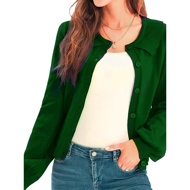 Diconna Women's Long Sleeve Button Cardigan Sweater Lapel Cable Knit Short Sweater Jacket