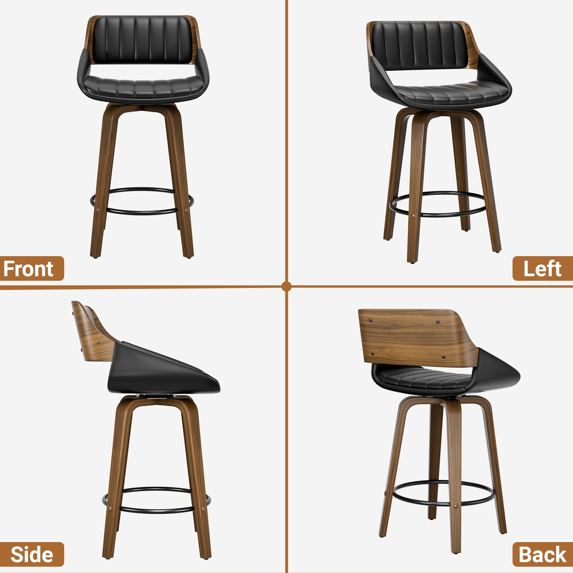 LainTene 26" Swivel Counter Height Bar Stool with Walnut Bentwood Frame, Faux Leather Seat & Footrest, Mid-Century Modern Chair for Kitchen Island, Bar, or Café (Set of 3)