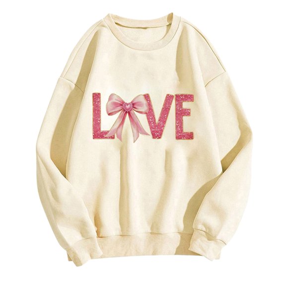 Goodeals Novelty Bow Love Print Sweatshirt Women 2025 Valentine's Day Fleece Pullover Sweatshirts Cute Long Sleeve Crewneck Shirts Clothes Outfits(Beige,S)Clearance Deals