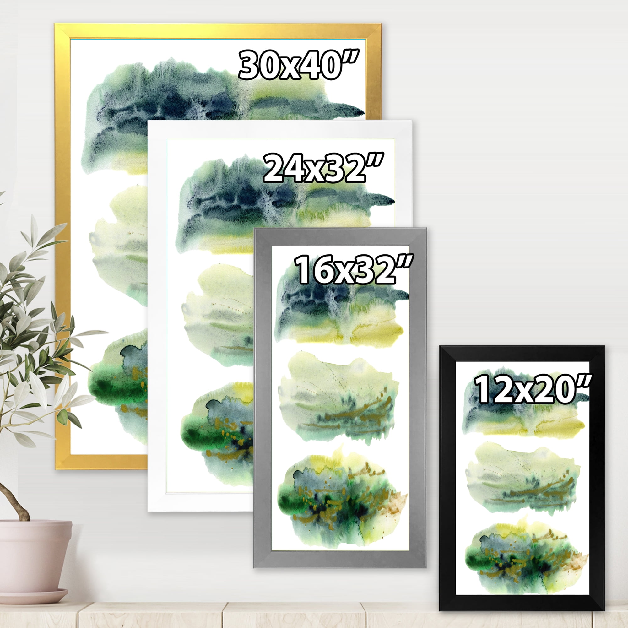 Designart 'Golden Green Abstract Clouds I' Modern Framed Art Print