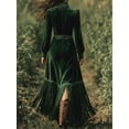 thumbnail image 2 of Women’s Emerald Green Velvet Maxi Dress V Neck Long Sleeve Boho Evening Dress with Lace Trim Gathered Waist and Fringe Hem, 2 of 4
