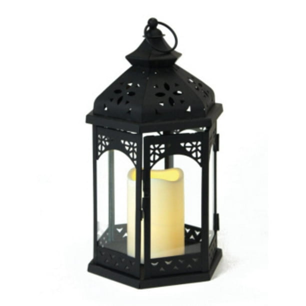 Pack of 3 Black Iron Lantern with LED Flameless Pillar ...