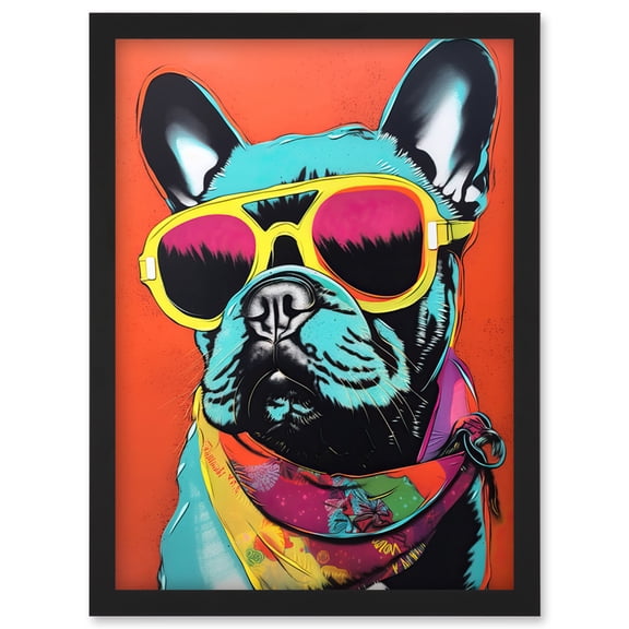 French Bulldog Wearing Sunglasses and Bandana Artwork Framed Wall Art Print A4