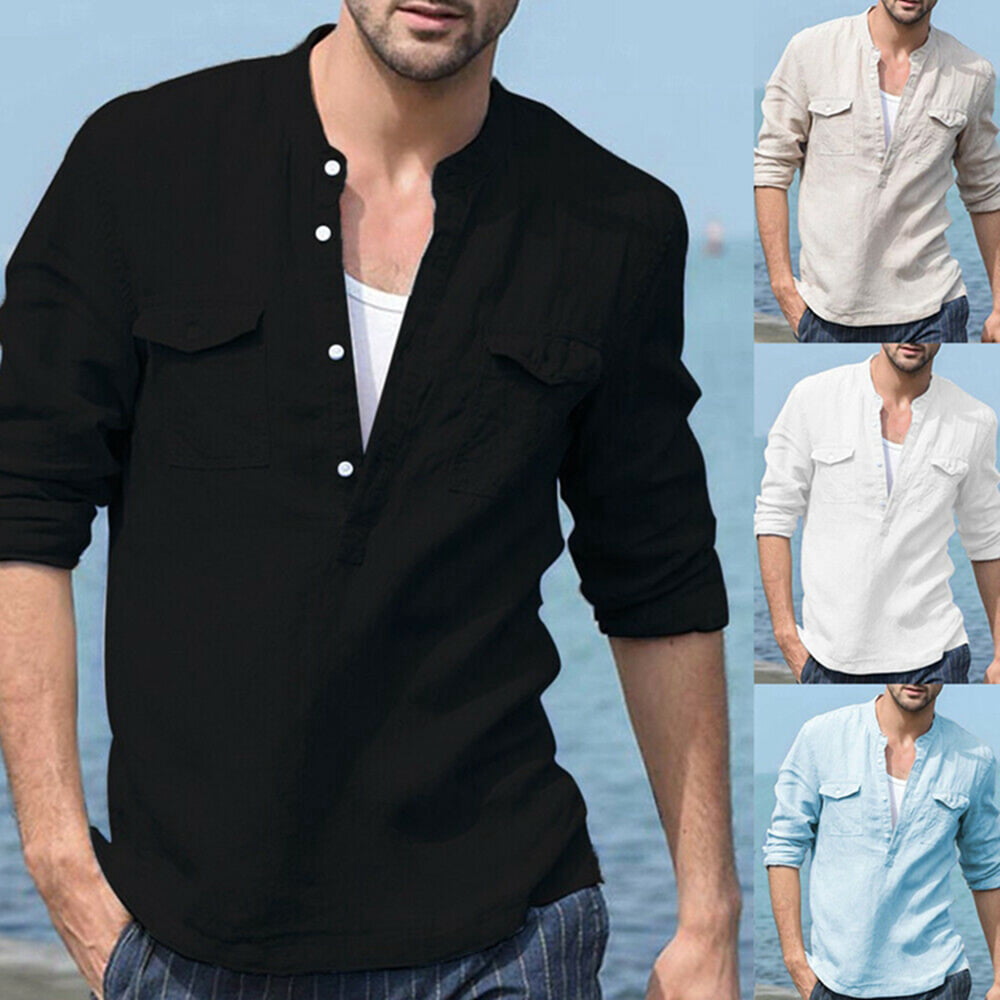FOCUSNORM - Men's Linen Long Sleeve Shirt Slim Fit Summer Loose Casual ...