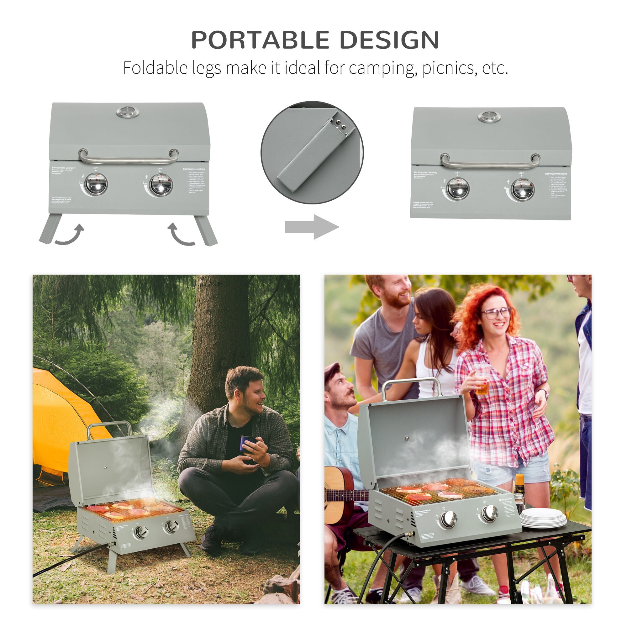 Outdoor Grill, 2 Burner Propane Gas Grill Outdoor Portable Tabletop BBQ with Foldable Legs, Lid, Thermometer for Camping, Picnic, Backyard, Light Grey, Light Grey BBQ Grill,Steel Tabletop Grill