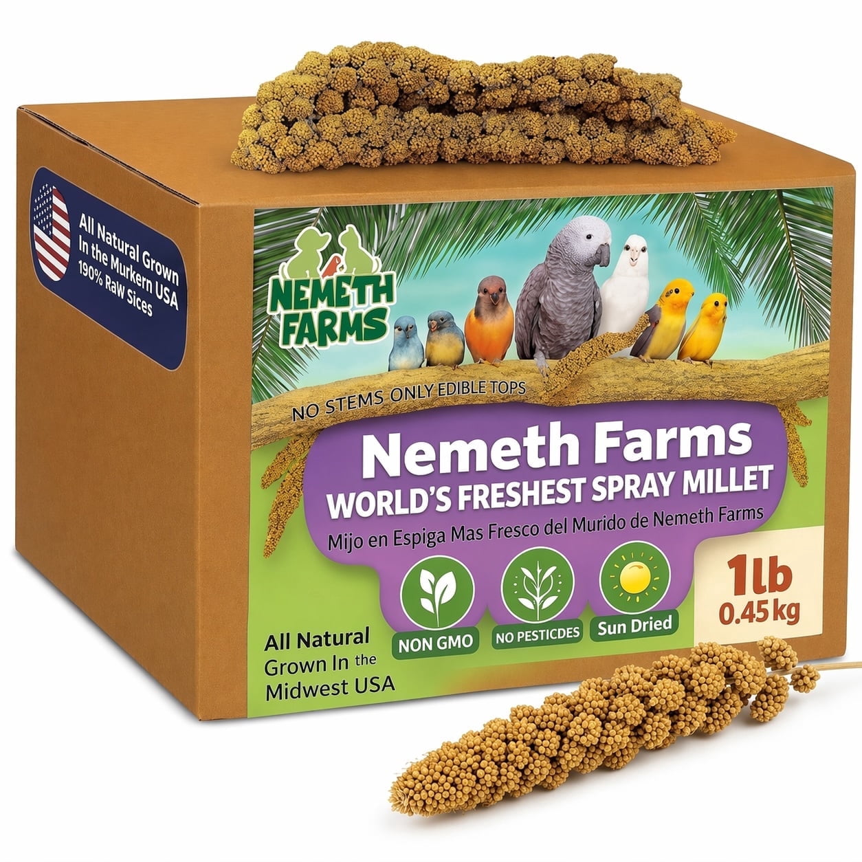 Nemeth Farms Spray Millet for Birds, Midwest Harvest Non-GMO Sun-Dried Whole Millet Sprays for Parakeets, Budgies, Cockatiels, Conures, Lovebirds & Finches, 1 lb