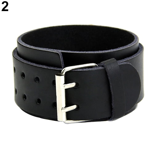 HZMAN Black Leather Cuff Bracelet For Men - Adjustable Wide Wristband Punk Style