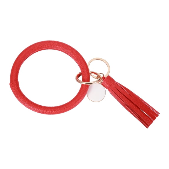 Uxcell PU Leather Circle Wristlet Keychain, Tassel with Pendant Round Bangle Keyring Bracelet Wristlet Holder Keychains for Women Car Key Accessories- 1 PCS (Red)