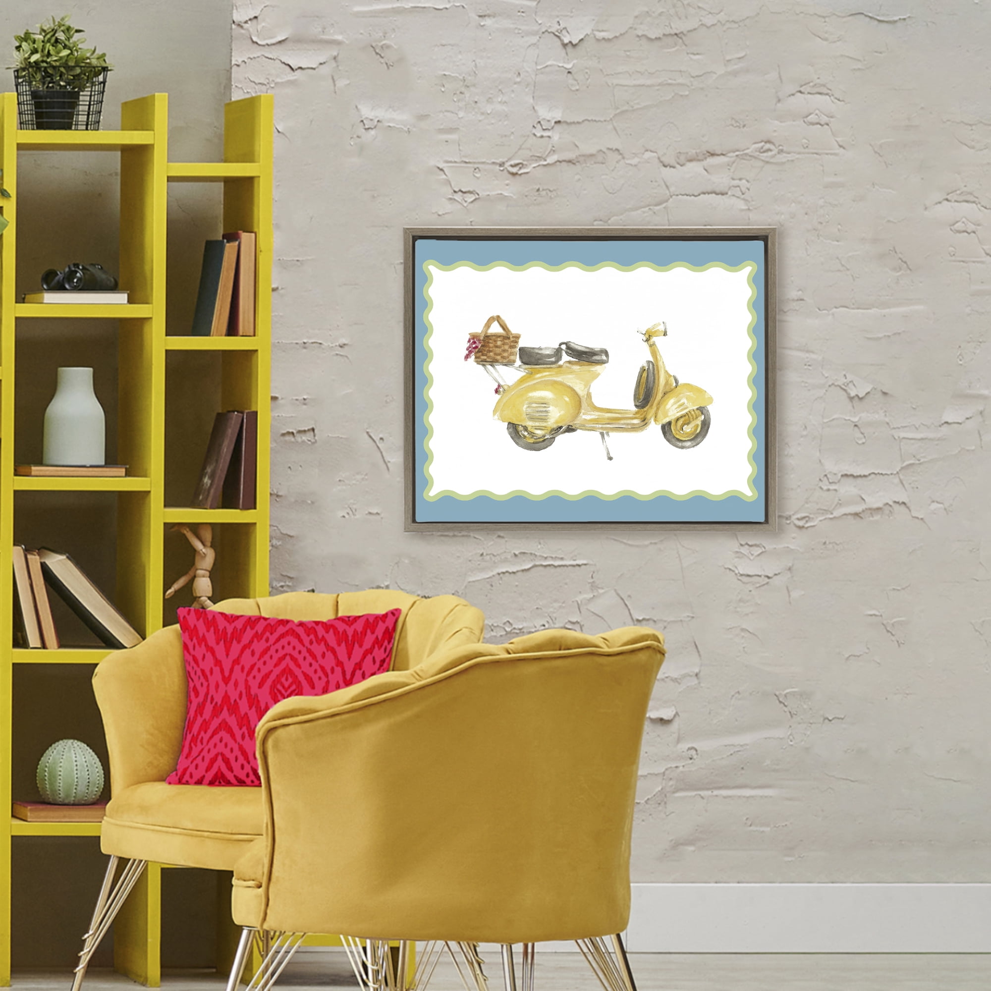 Stupell Industries Yellow Vespa with Wavy Border Brown Framed Floater Canvas Wall Art, design by Lanie Loreth