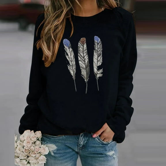 ZKCCNUK Women's 2025 Autumn Winter Casual Crewneck Feather Sweatshirt Long Sleeve Loose Pullover Tops