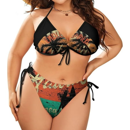 Women Tropical Hawaii Hibiscus Surfing Girl Plus Size String Triangle Bikini Set Adjustable Halter Side Tie Swimsuit