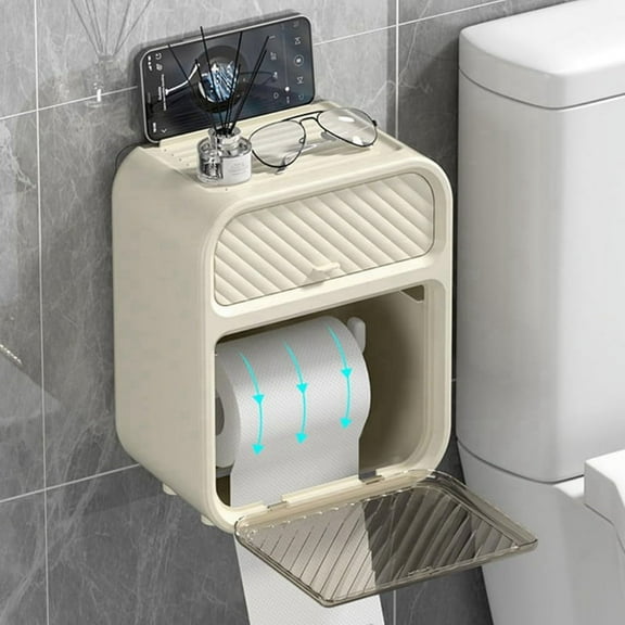 Waterproof Roll Toilet Paper Holder with Storage Wall Mounted, Adhesive Tissue Box Shelf for Bathroom