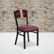 BizChair Black 4 Square Back Metal Restaurant Chair - Mahogany Wood Back, Burgundy Vinyl Seat