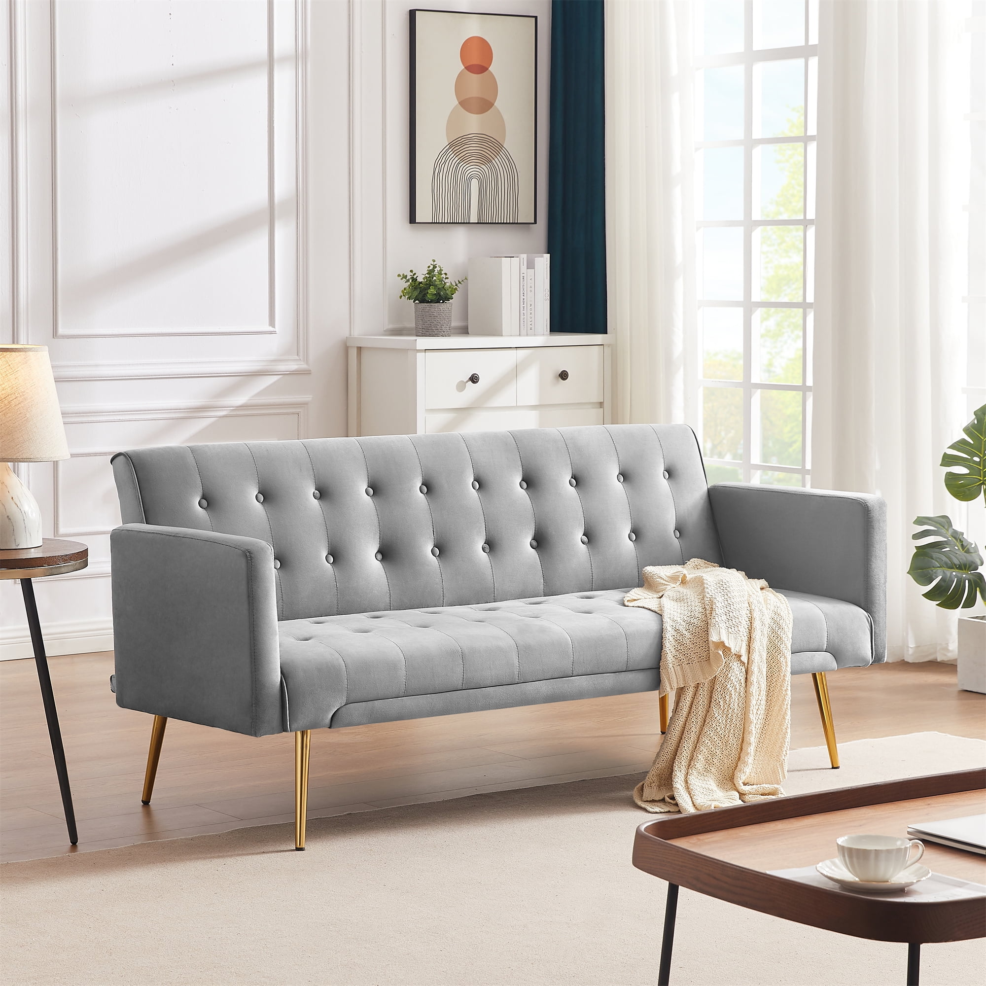 Bianlte Modern Velvet Futon Sofa Bed,Convertible Sleeper Sofa Couch with 3 Adjustable Couch Loveseat with Metal Leg for Living Room and Bedroom,Gray
