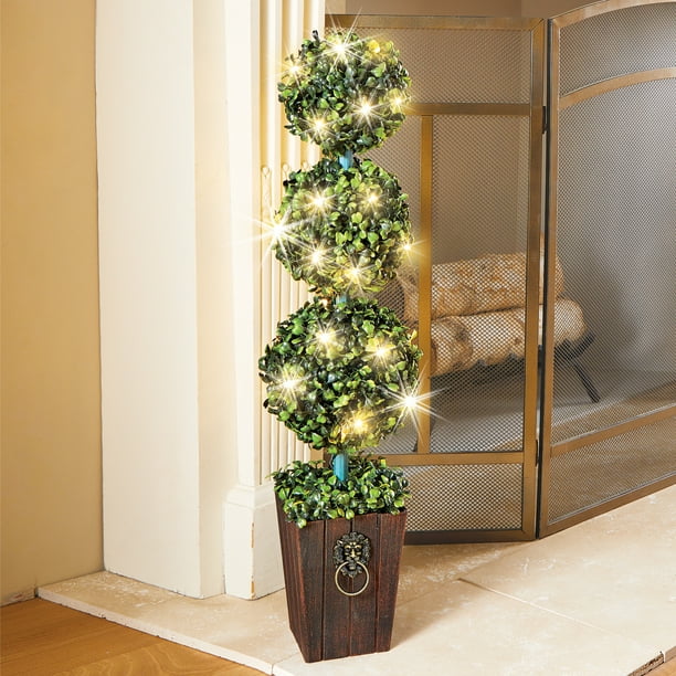 Lighted 3Tier Boxwood Topiary with Faux Wooden Planter For Indoor or