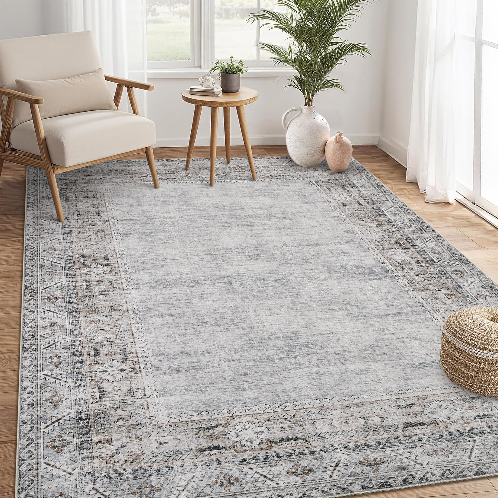 Hasoo Washable Office 9' x 12' Indoor Carpet Polyester Gray Green Stain-Resistant Border Area Rug for Room Decor