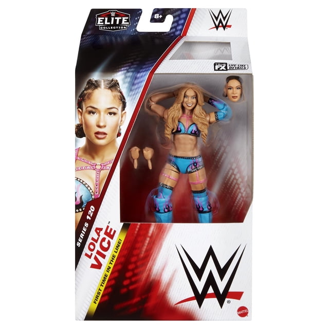 figura de acción wwe lola vice elite 120 mattel figura articulada frontal en empaque con atuendo deportivo azul cielo con llamas rosa y negro, ribete negro con tachuelas y tiras rosas; incluye dos escaneos de cabeza (sonriente con cabello suelto y trenza), par extra de manos intercambiables, manga azul en un brazo, rodilleras con diseño de llamas y botas azules con protección para patadas; ideal para exhibición de colección o juego imaginativo.