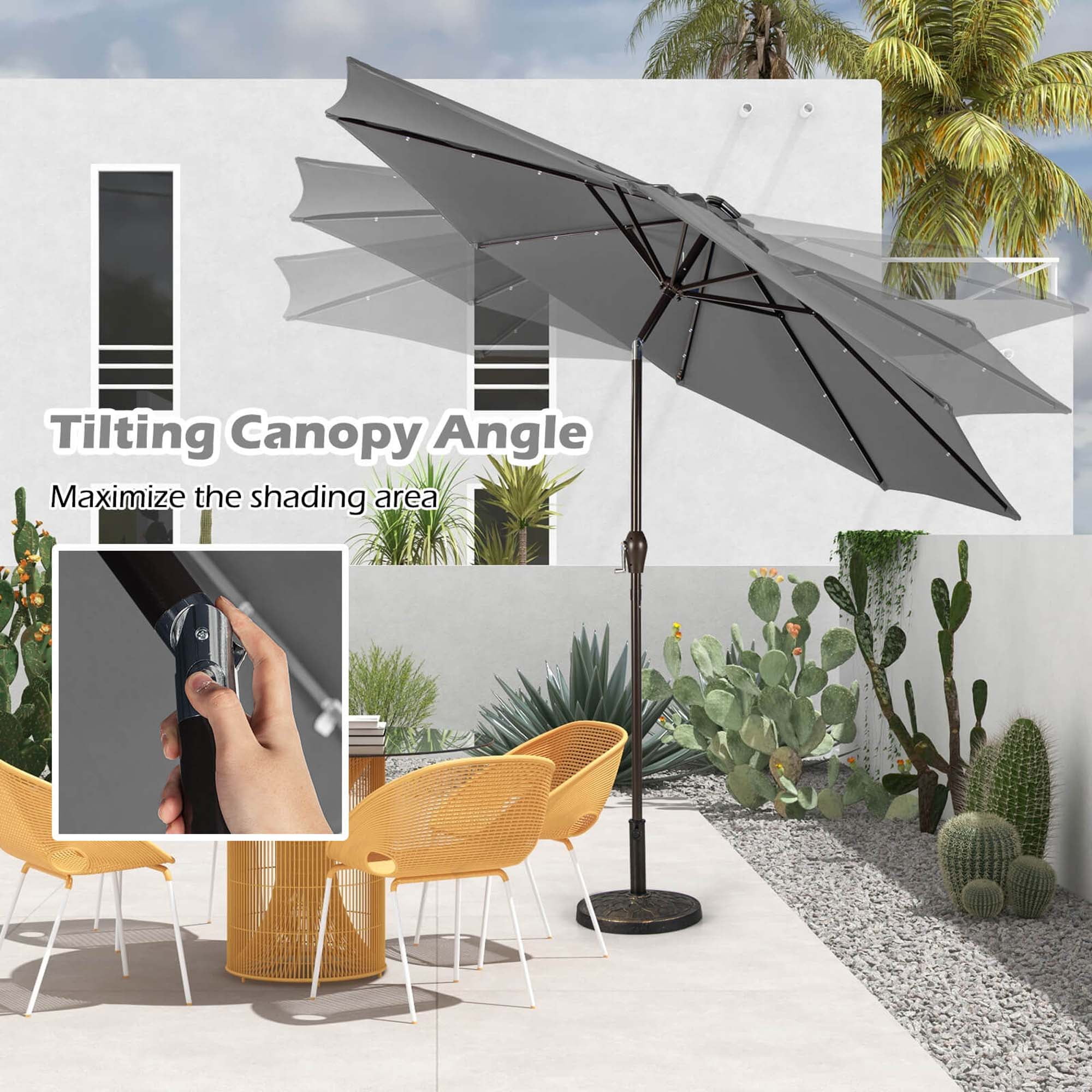 Costway 10FT Patio Solar Umbrella LED Patio Market Steel Tilt with Crank Outdoor Gray