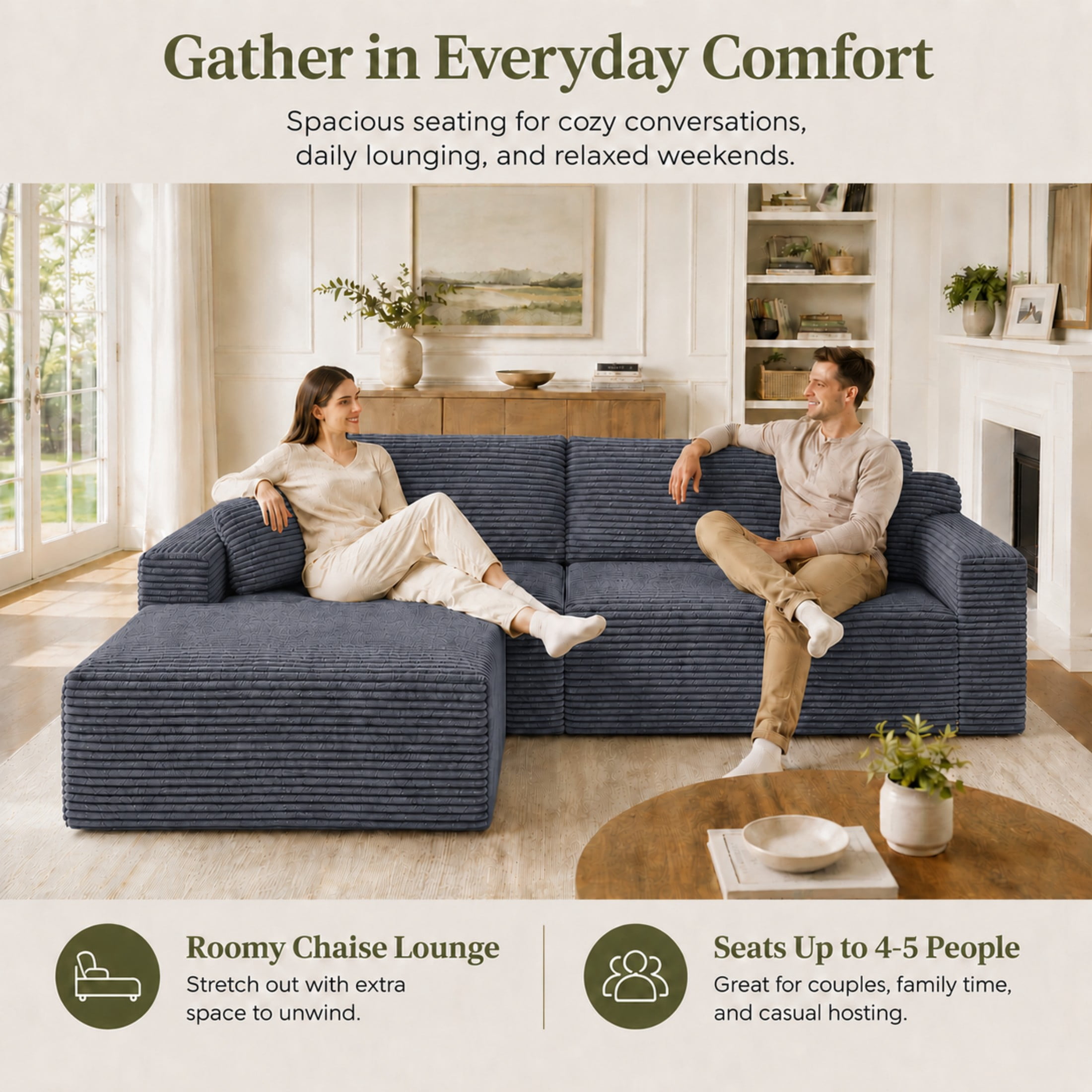 Aenkyo 106 Inch Corduroy L-Shaped Cloud Sectional Sofa with Reversible Chaise, Gray