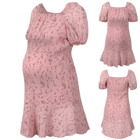 

asdoklhq Maternity Dresses for Women Clearance Summer Pregnant Women Clothes Pleated Flower Short Sleeve Maternity Casual Dress