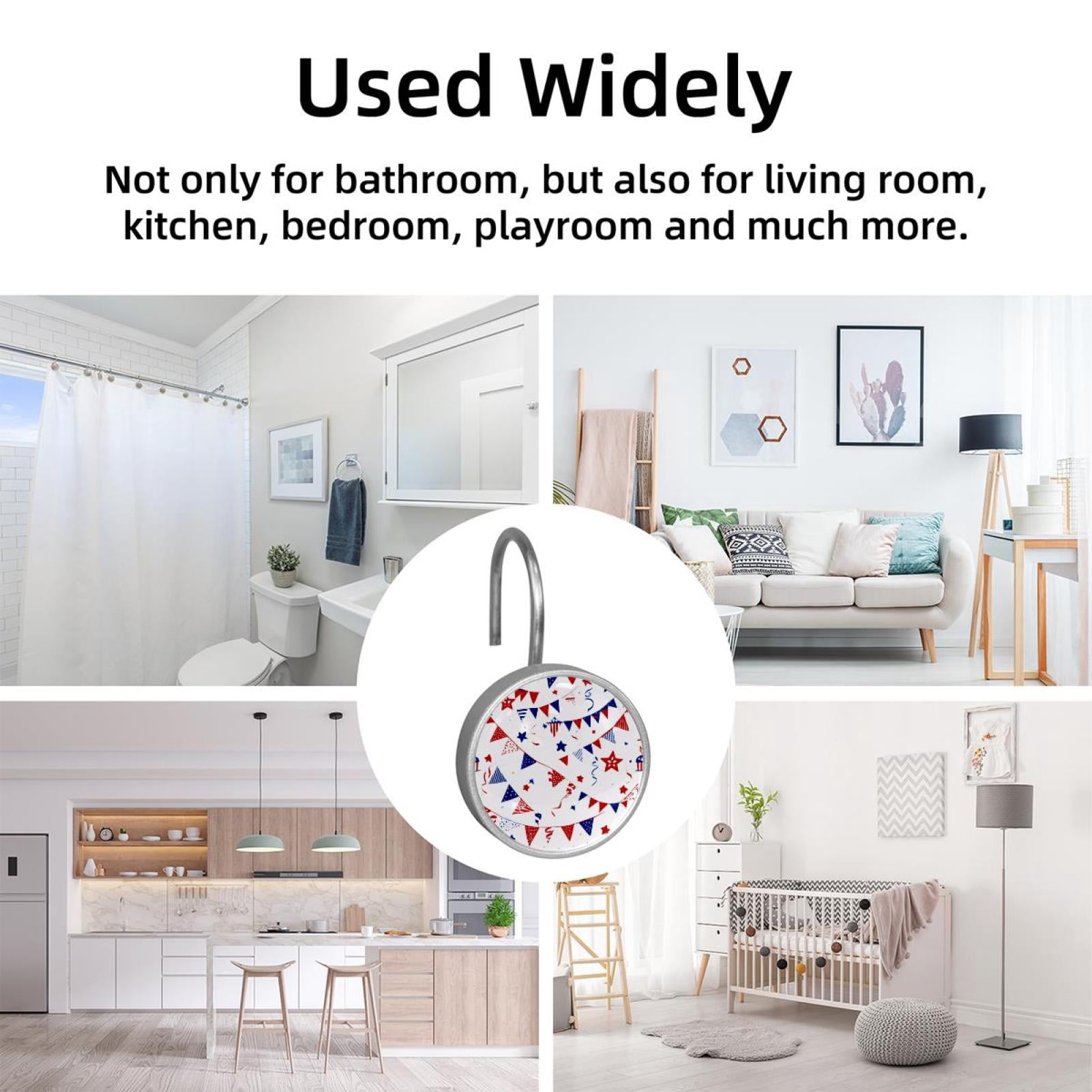 12pcs Decorative Shower Curtain Hooks, Rust Resistant Shower Rings for Bathroom Living Room,Rustproof Stainless Steel Rings for Shower Curtain and Liner Rods,4th of July Flags