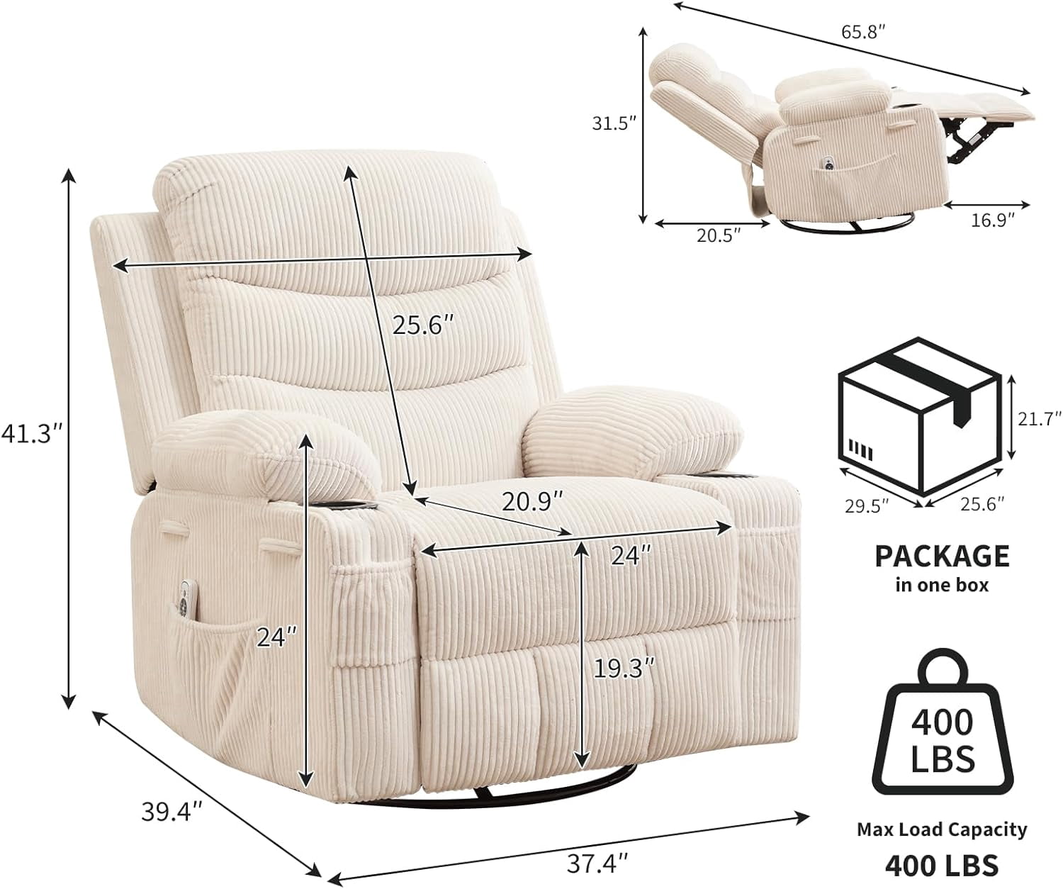 Recliner Chair Nursery, Oversized Manual Reclining Rocking Chair, 360 Swivel Glider with Cup Holder, Massage and Heat Recliner, Indoor Small Single Sofa Chairs for Adults, RV, Bedroom（Corduroy，Beige）