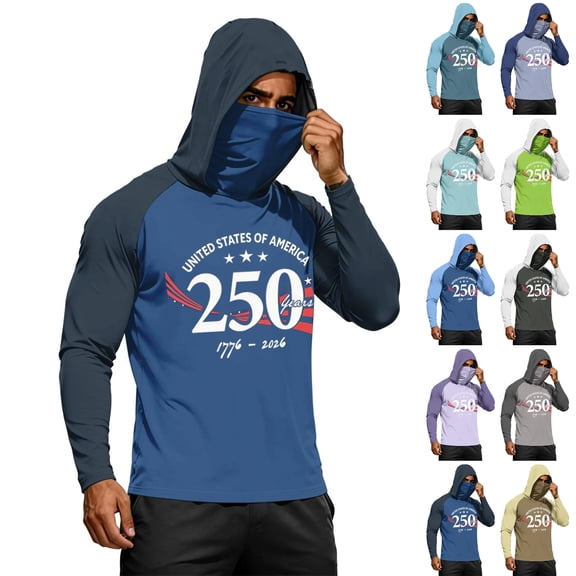Men's US 250th Anniversary Hoodie with Built-in Face Mask and Raglan Sleeves Featuring Patriotic Graphic for Independence Day Celebration Fishing Hiking or Outdoor Work Blue L