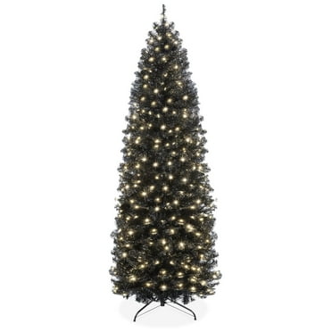 6ft Pre-Lit Black Pencil Christmas Tree, Slim Artificial Skinny Holiday Tree for Home, Office, Party Decoration w/ 608 Tips, 250 Incandescent Lights, Metal Base