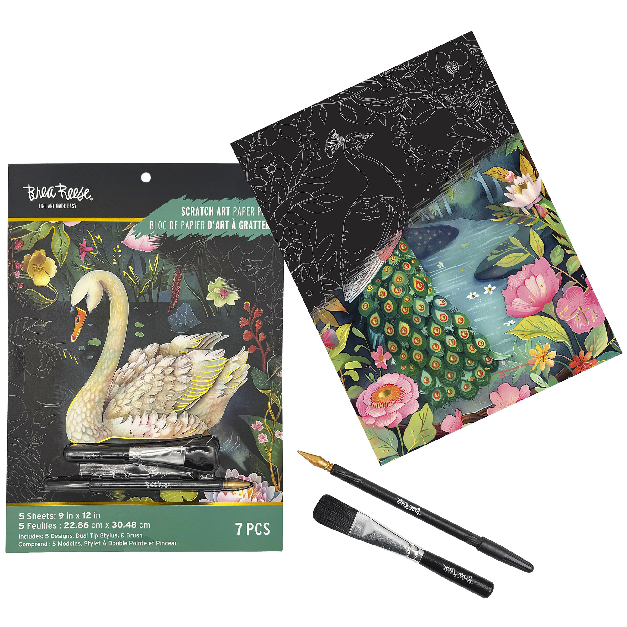 Brea Reese: Scratch Art Paper Pad - Magical Forest - 5 Nature Designs, Metallic Foil, Dual-Tip Stylus & Brush, Easy-to-Frame 9x12 Pages, Adult Craft