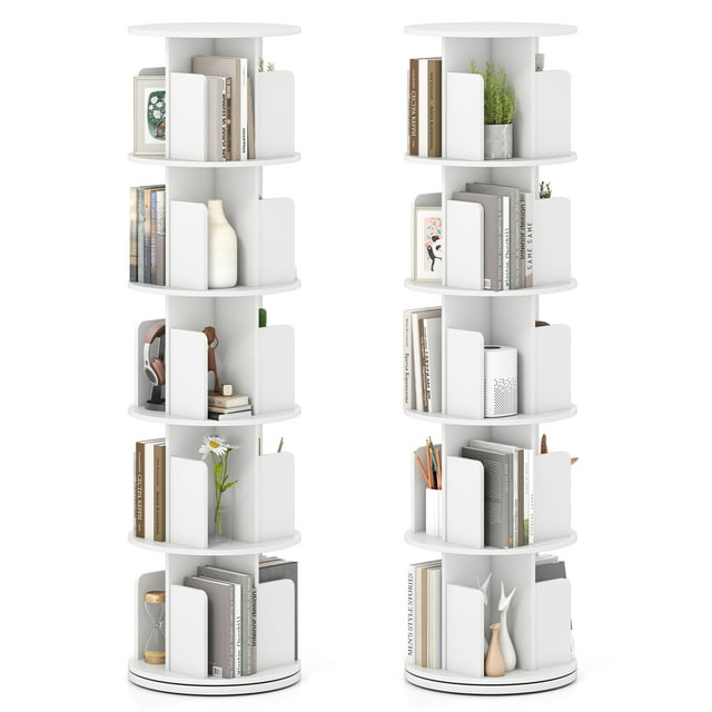 Costway 2 PCS 5-Tier Rotating Bookshelf 360° Display Rack Dividers & Anti-falling Baffles White