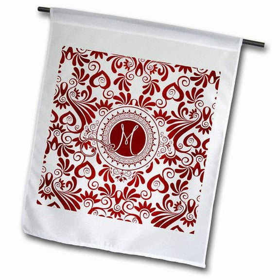 3dRose, Monogrammed Red and White Elegance with Letter M, 12 x 18 inch Garden Flag