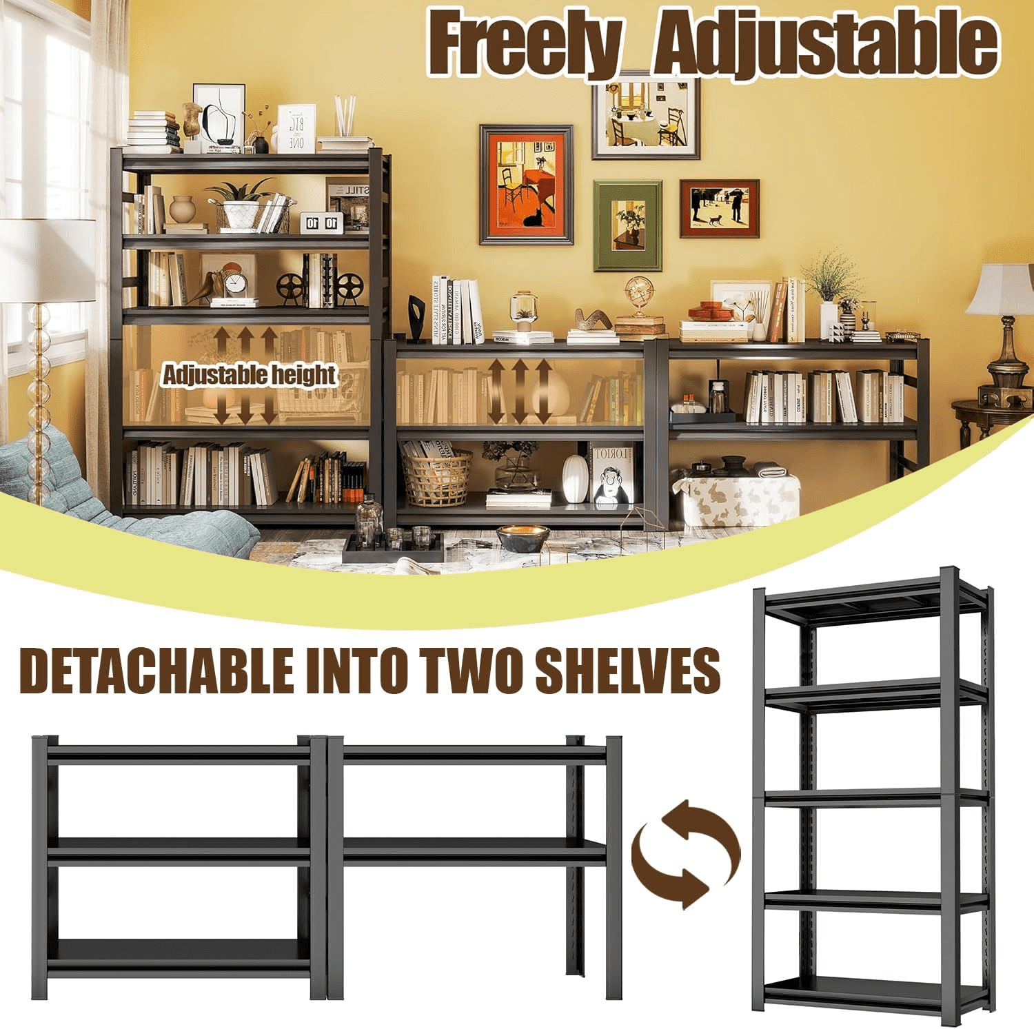 5-Tier Metal Bookshelf, 3000LBS Industrial Bookshelves, 72"H x 36"W Display Bookcase, Adjustable Bolt-Free Storage Shelves for Living Room, Bedroom, Garage, Kitchen, Black