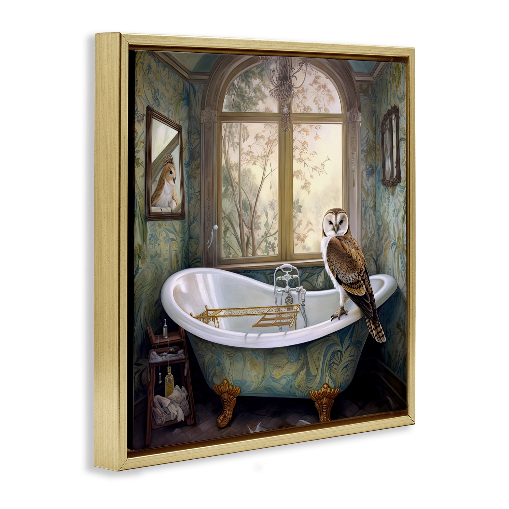 Paisley Patterned Owl Bathtime Gold Framed Floater Canvas Wall Art, design by Sasha