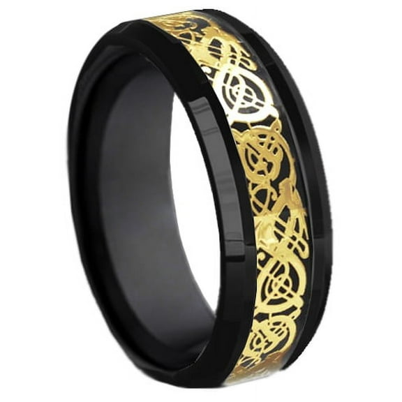 Tungsten Wedding Band Ring 8mm Men's Engagement Black & Gold Celtic Dragon Black Carbon Fiber Inlay