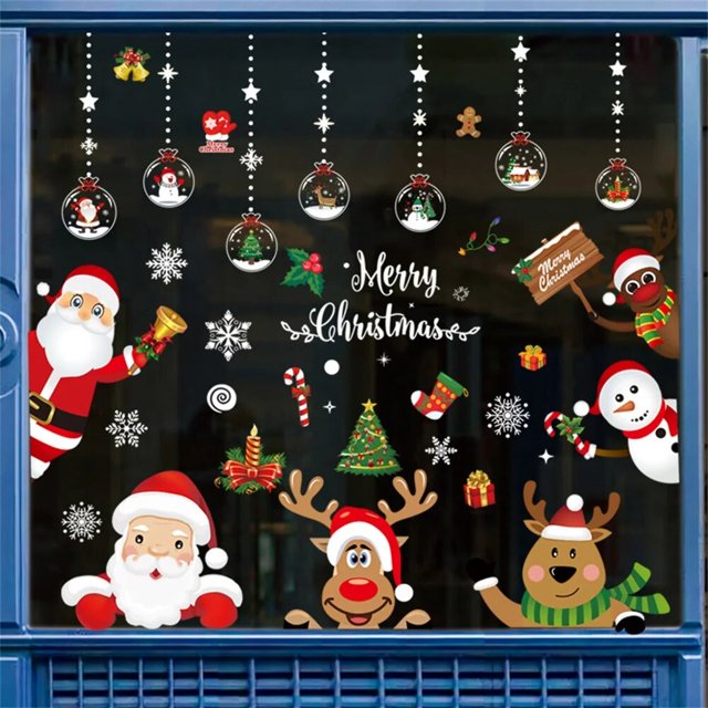 Calcomanía de copo de nieve de Feliz Navidad, pegatina electrostática de vidrio para ventana, copo de nieve, alce, árbol de Navidad, pegatinas de pared, decoración