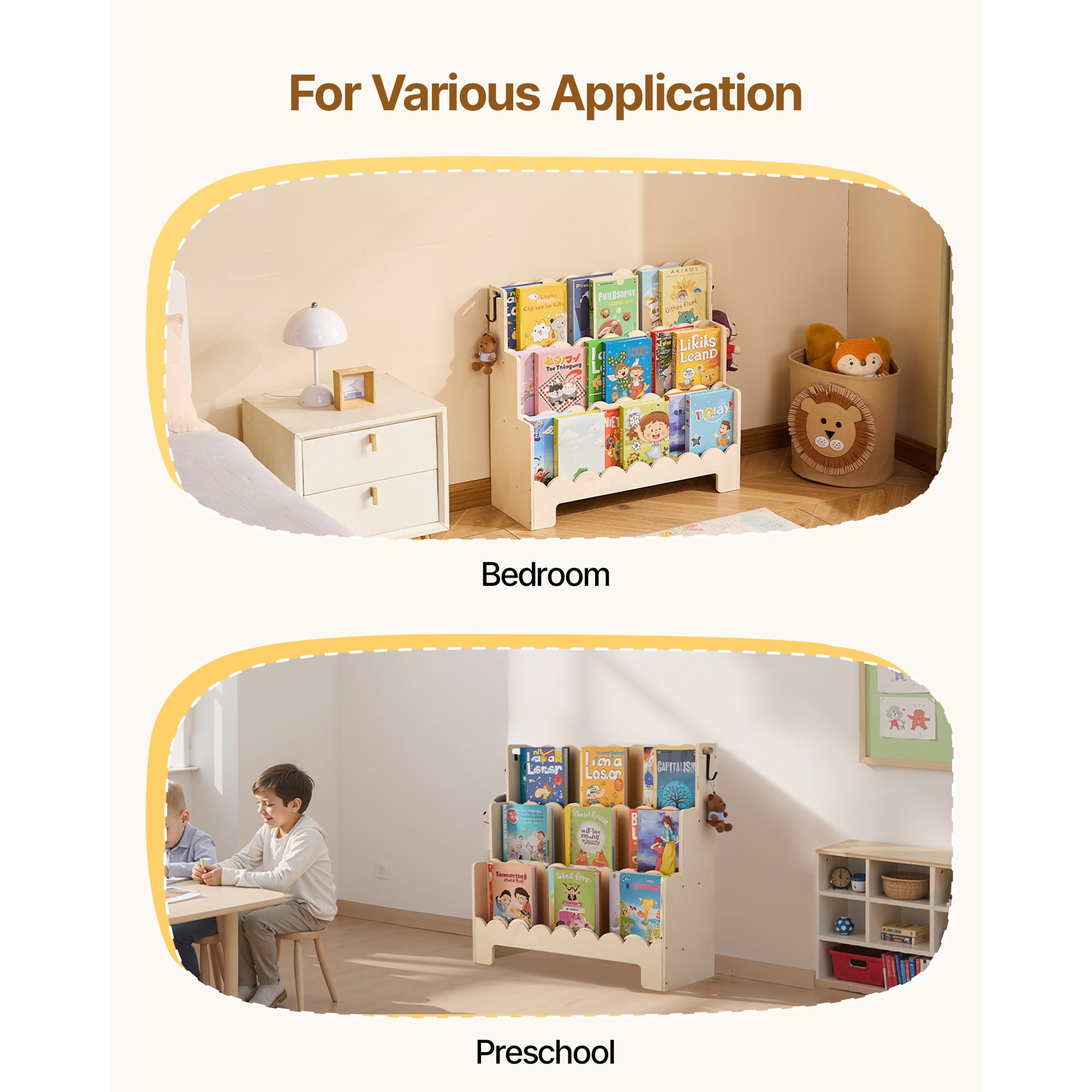 KFFKFF Montessori-Inspired 3-Tier Kids Bookshelf with Scalloped Design, Front-Facing Bookcase for Toddlers, Includes Dual Hooks for Backpacks, Ideal for Kids' Rooms, Living Areas, Entryways