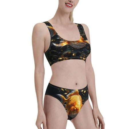 Uemuo Golden Koi And Treasure Printed Women s High Waisted Bikini Sets Sporty Two Piece Swimsuits Color Block Cheeky High Cut Bathing Suits-Small