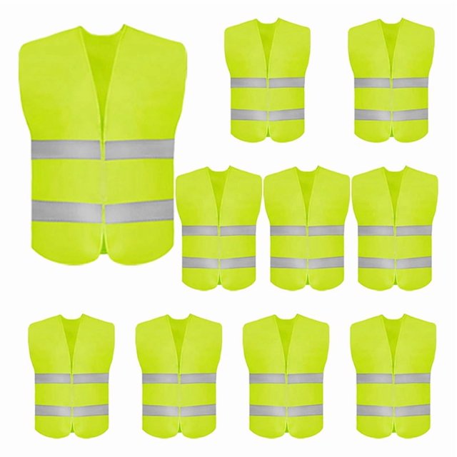 Chalecos de Seguridad de Alta Visibilidad (Paquete de 10) para Tráfico, Carreras, Guardias de Seguridad y Construcción, con 2 Bandas Reflectantes.